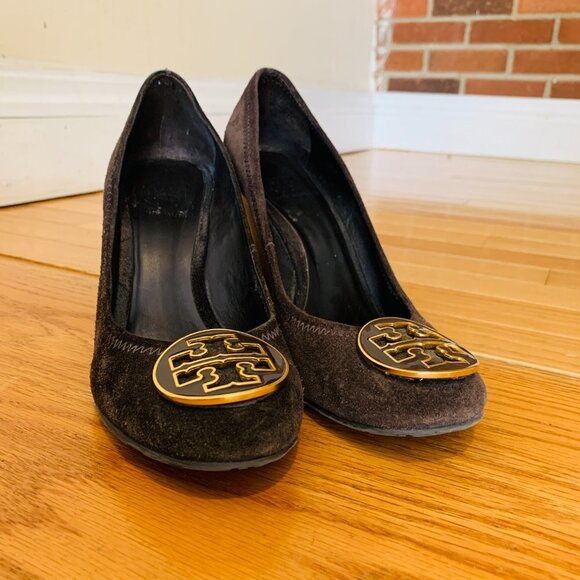 Tory Burch Chelsea Brown Suede Leather Wedge Pumps Size 7.5 M - Picture 2 of 15